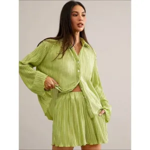 2 piece set shorts &amp; button down shirt accordion pleated green