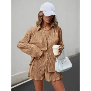 2 piece set shorts &amp; button down shirt accordion pleated tan