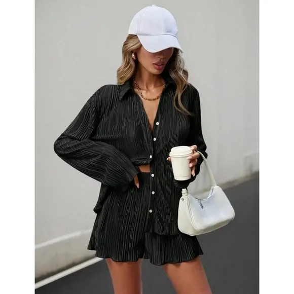 2 piece set shorts &amp; button down shirt accordion pleated tan