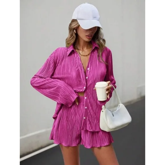 2 piece set shorts &amp; button down shirt accordion pleated tan