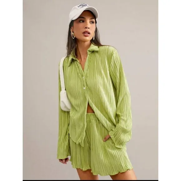 2 piece set shorts &amp; button down shirt accordion pleated tan