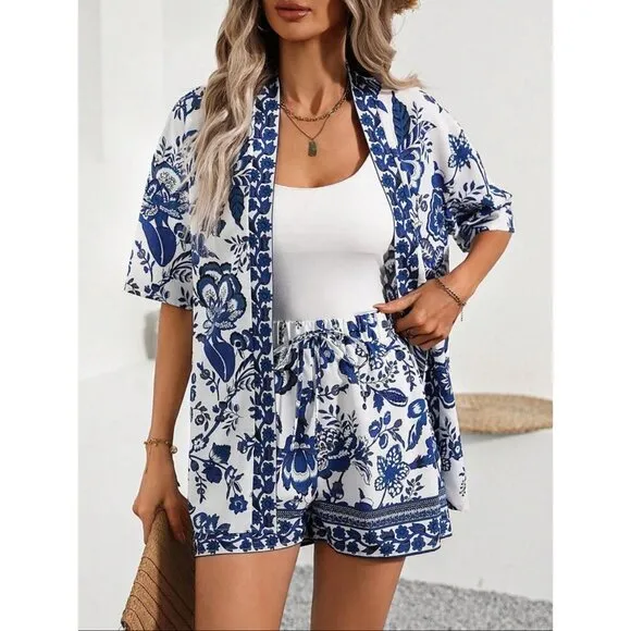 2 piece shorts set blue white floral print kimono &amp; shorts boho
