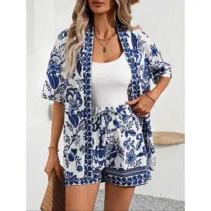 2 piece shorts set blue white floral print kimono &amp; shorts boho