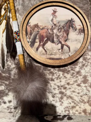 8” round Wood vintage cowboy art