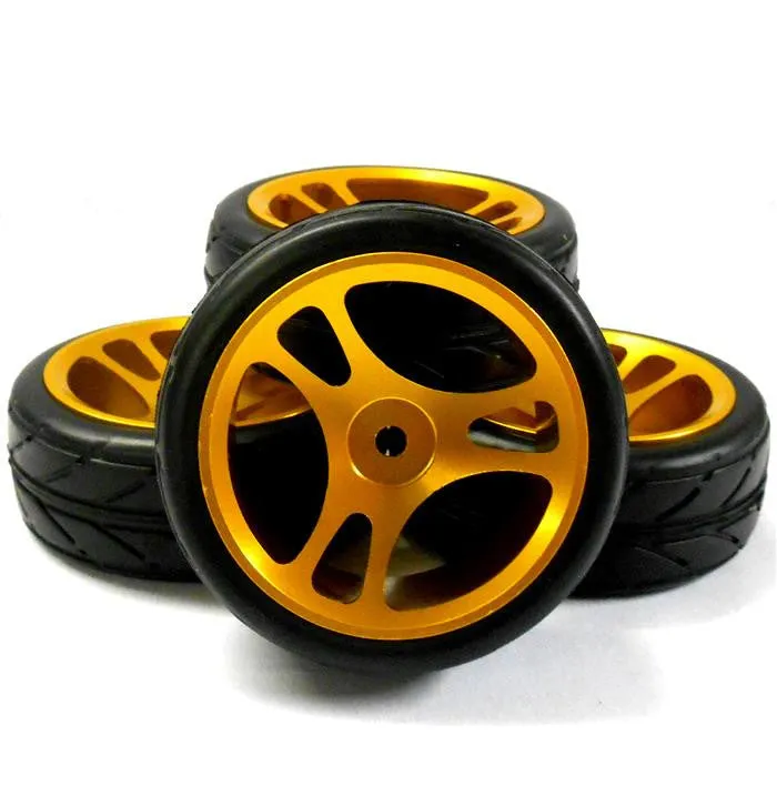 AA1003G 1/10 Scale RC Car On Road Wheel and V Tread Tyre Gold Alloy 3 Spoke x 4