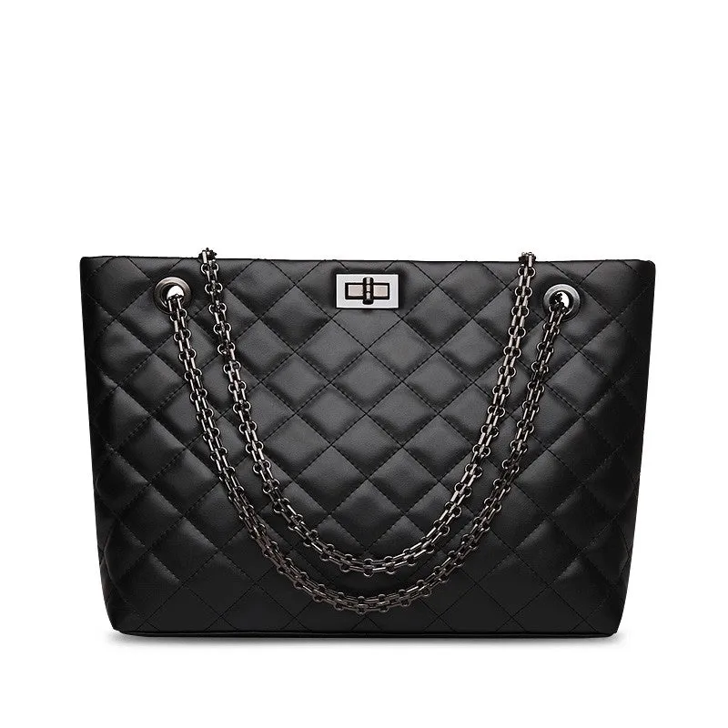 Alexa Quilted Cowhide Leather Tote Bag with Chain Shoulder Strap - Black