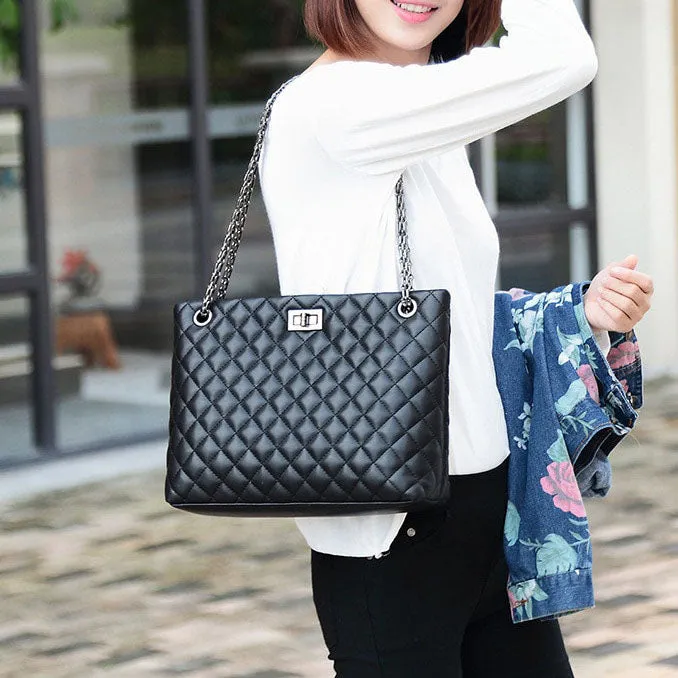 Alexa Quilted Cowhide Leather Tote Bag with Chain Shoulder Strap - Black