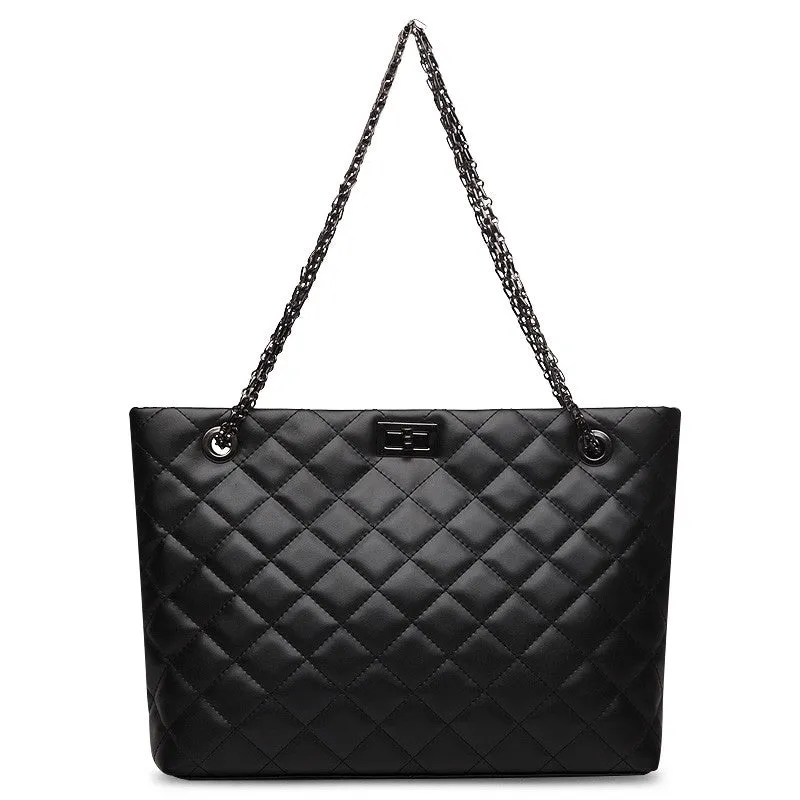 Alexa Quilted Cowhide Leather Tote Bag with Chain Shoulder Strap - Black