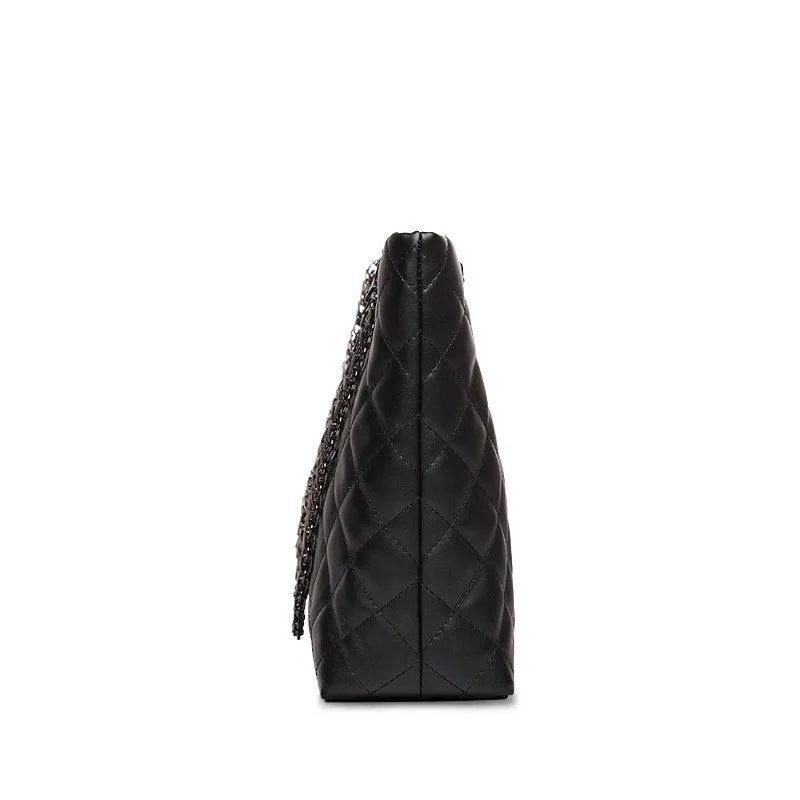 Alexa Quilted Cowhide Leather Tote Bag with Chain Shoulder Strap - Black