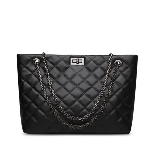 Alexa Quilted Cowhide Leather Tote Bag with Chain Shoulder Strap - Black