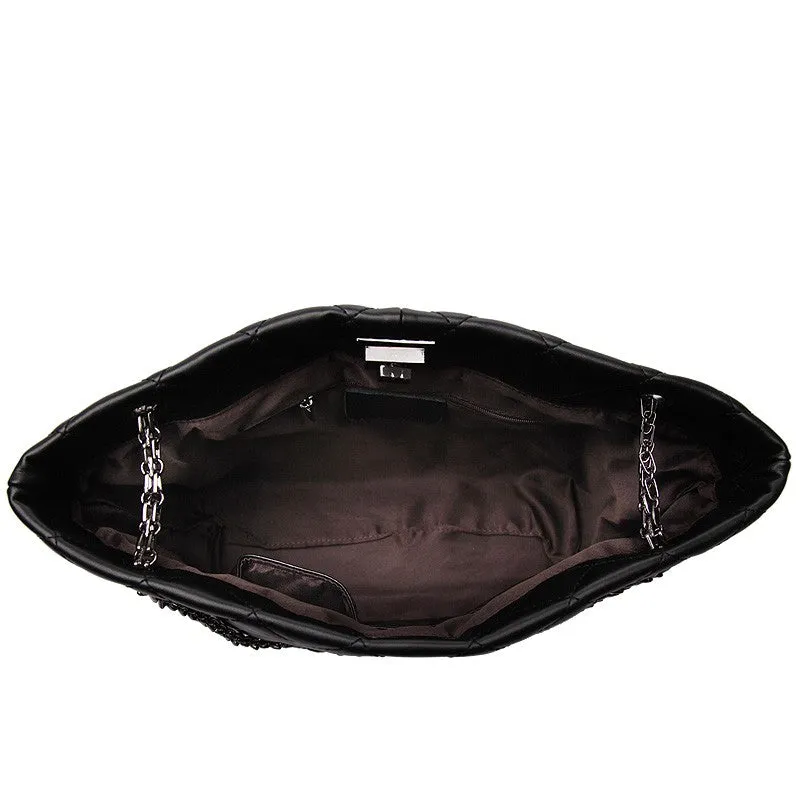 Alexa Quilted Cowhide Leather Tote Bag with Chain Shoulder Strap - Black