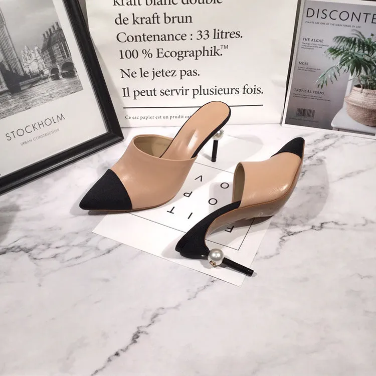 Apricot Baotou high-heeled slippers