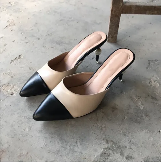Apricot Baotou high-heeled slippers