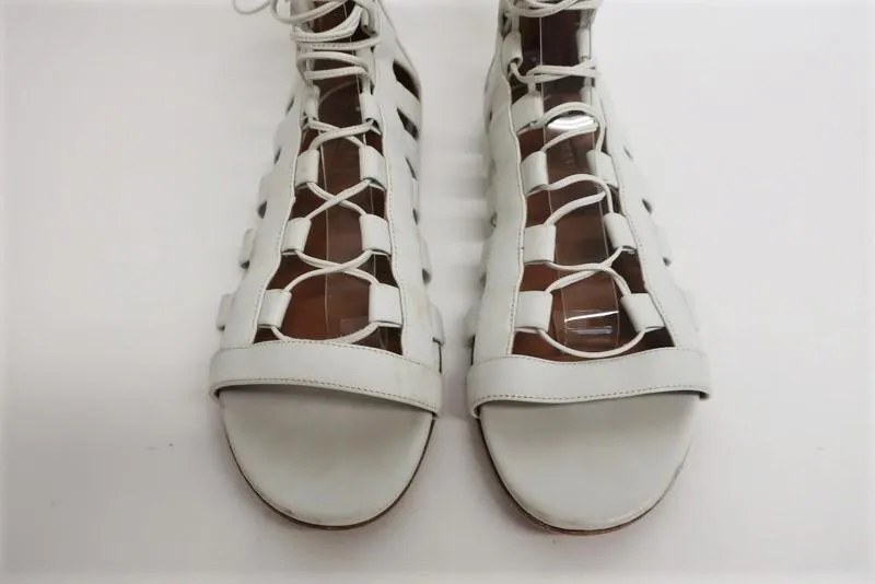 Aquazzura Amazon Sandals White Leather Size 38.5 Lace-Up Ankle Wrap Flat