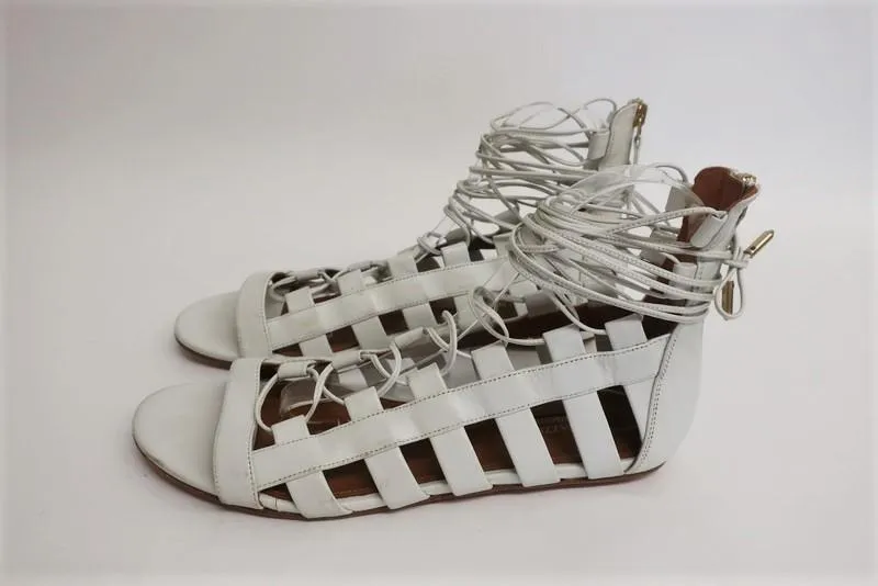 Aquazzura Amazon Sandals White Leather Size 38.5 Lace-Up Ankle Wrap Flat