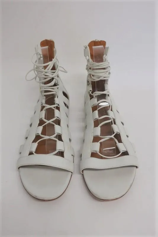 Aquazzura Amazon Sandals White Leather Size 38.5 Lace-Up Ankle Wrap Flat