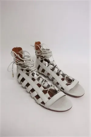 Aquazzura Amazon Sandals White Leather Size 38.5 Lace-Up Ankle Wrap Flat