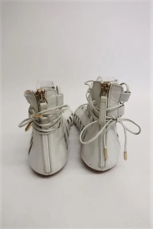 Aquazzura Amazon Sandals White Leather Size 38.5 Lace-Up Ankle Wrap Flat