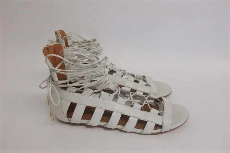 Aquazzura Amazon Sandals White Leather Size 38.5 Lace-Up Ankle Wrap Flat