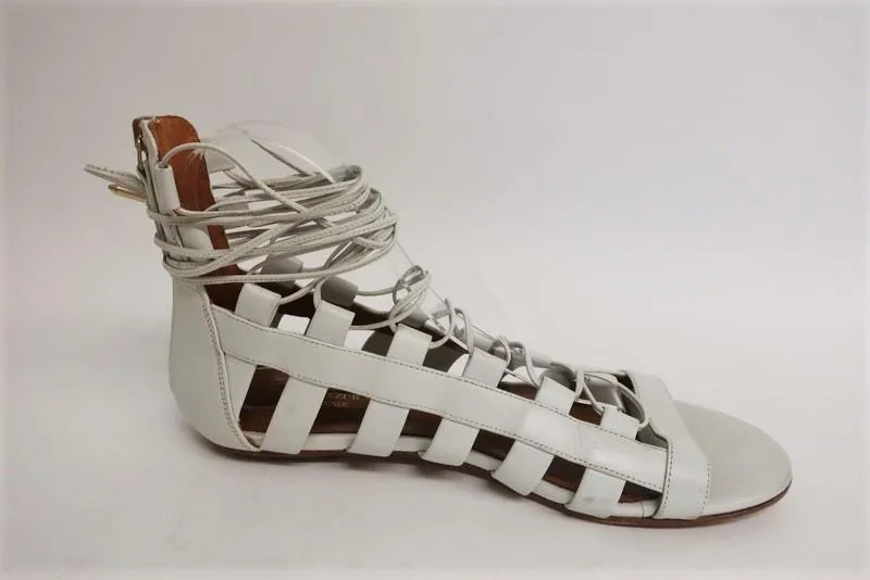 Aquazzura Amazon Sandals White Leather Size 38.5 Lace-Up Ankle Wrap Flat