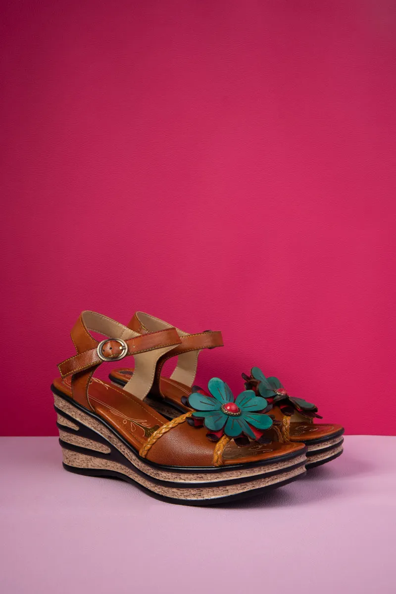 Asmara Floral Head Applique Leather Wedge