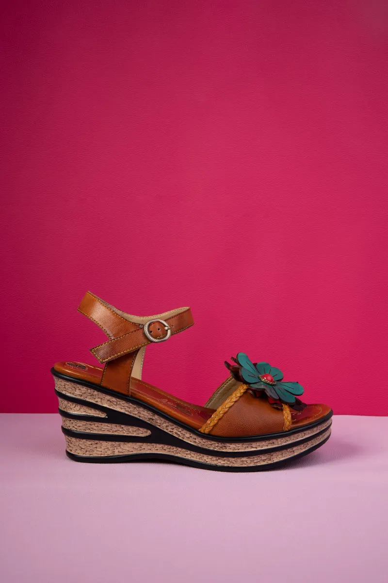Asmara Floral Head Applique Leather Wedge
