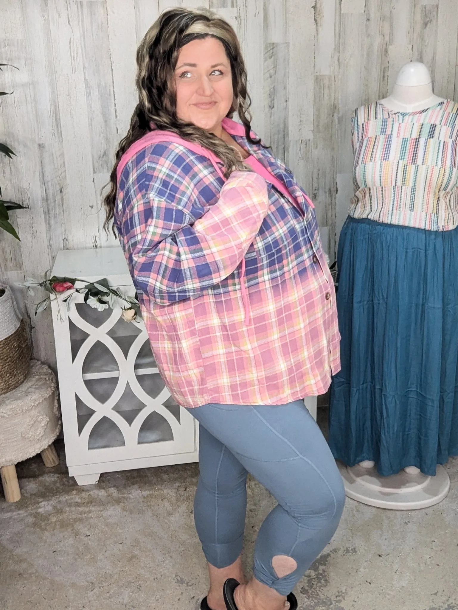 Ava Dip Dyed Lightweight Plaid Hooded Flannel Top