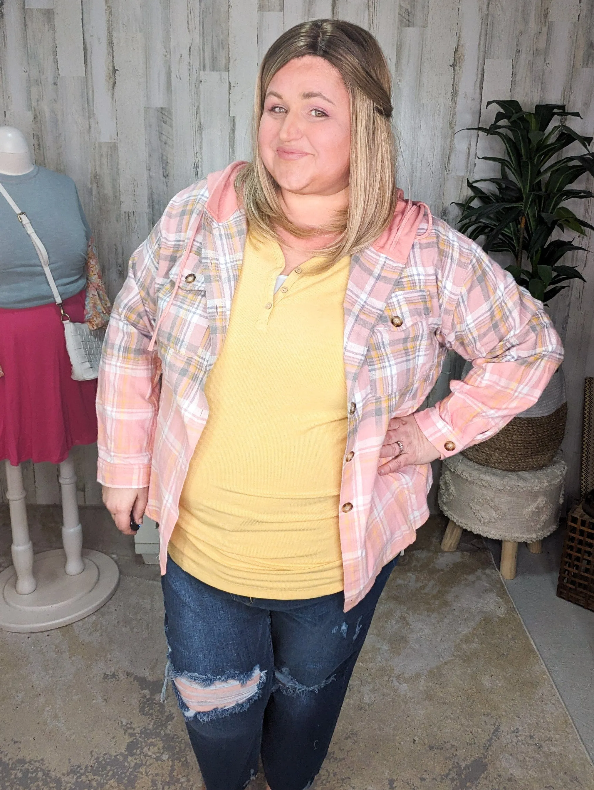 Ava Dip Dyed Lightweight Plaid Hooded Flannel Top