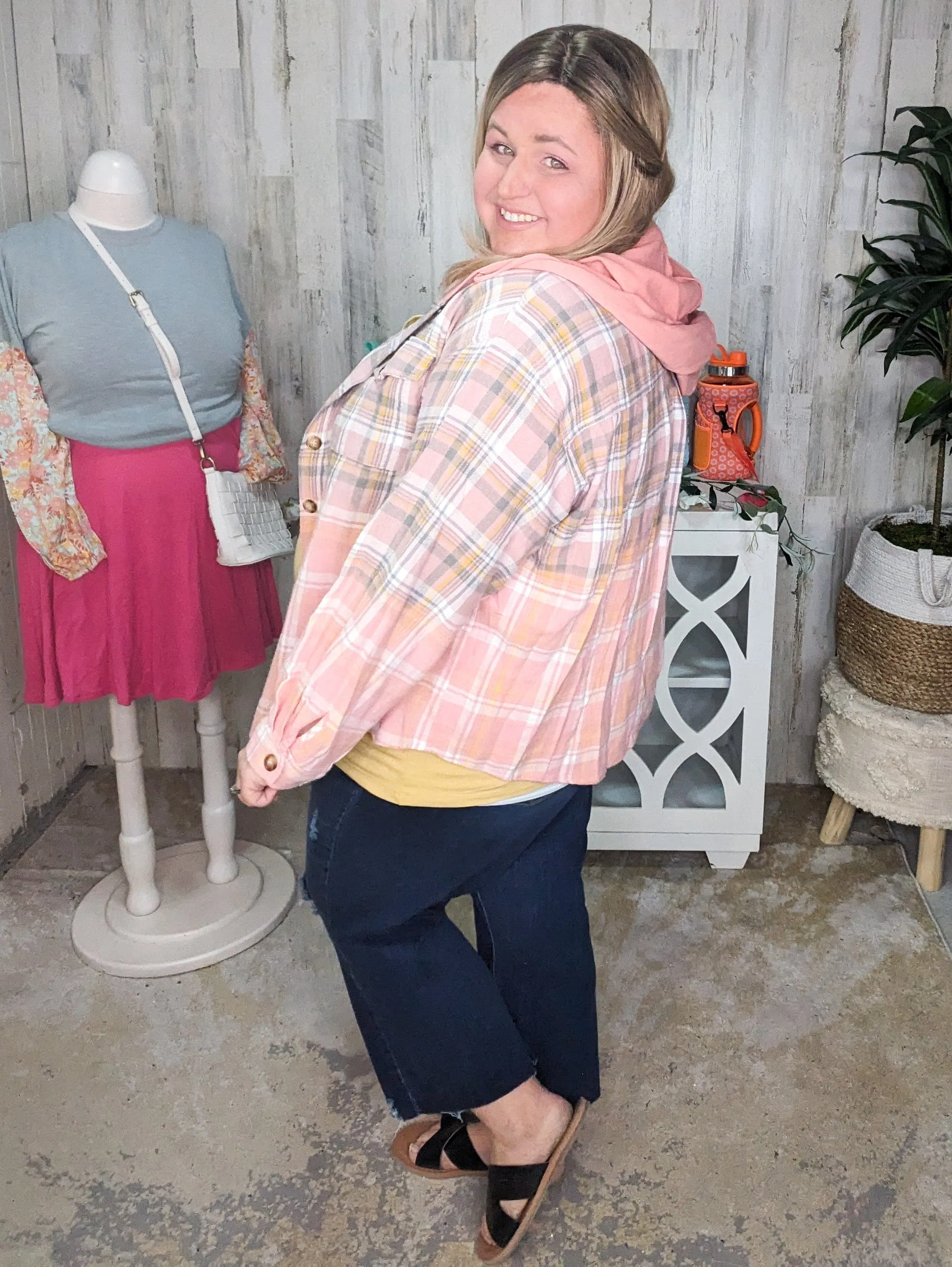 Ava Dip Dyed Lightweight Plaid Hooded Flannel Top