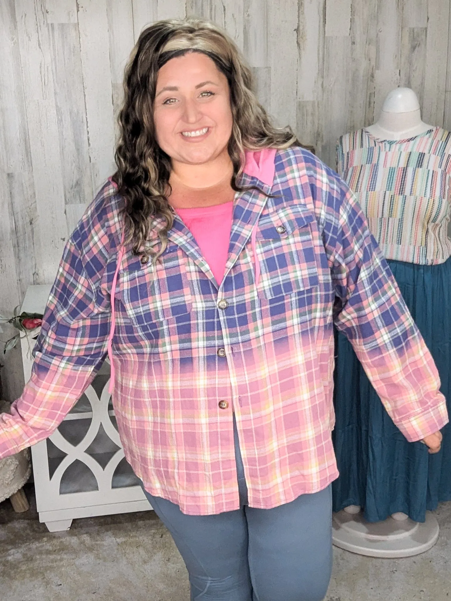 Ava Dip Dyed Lightweight Plaid Hooded Flannel Top