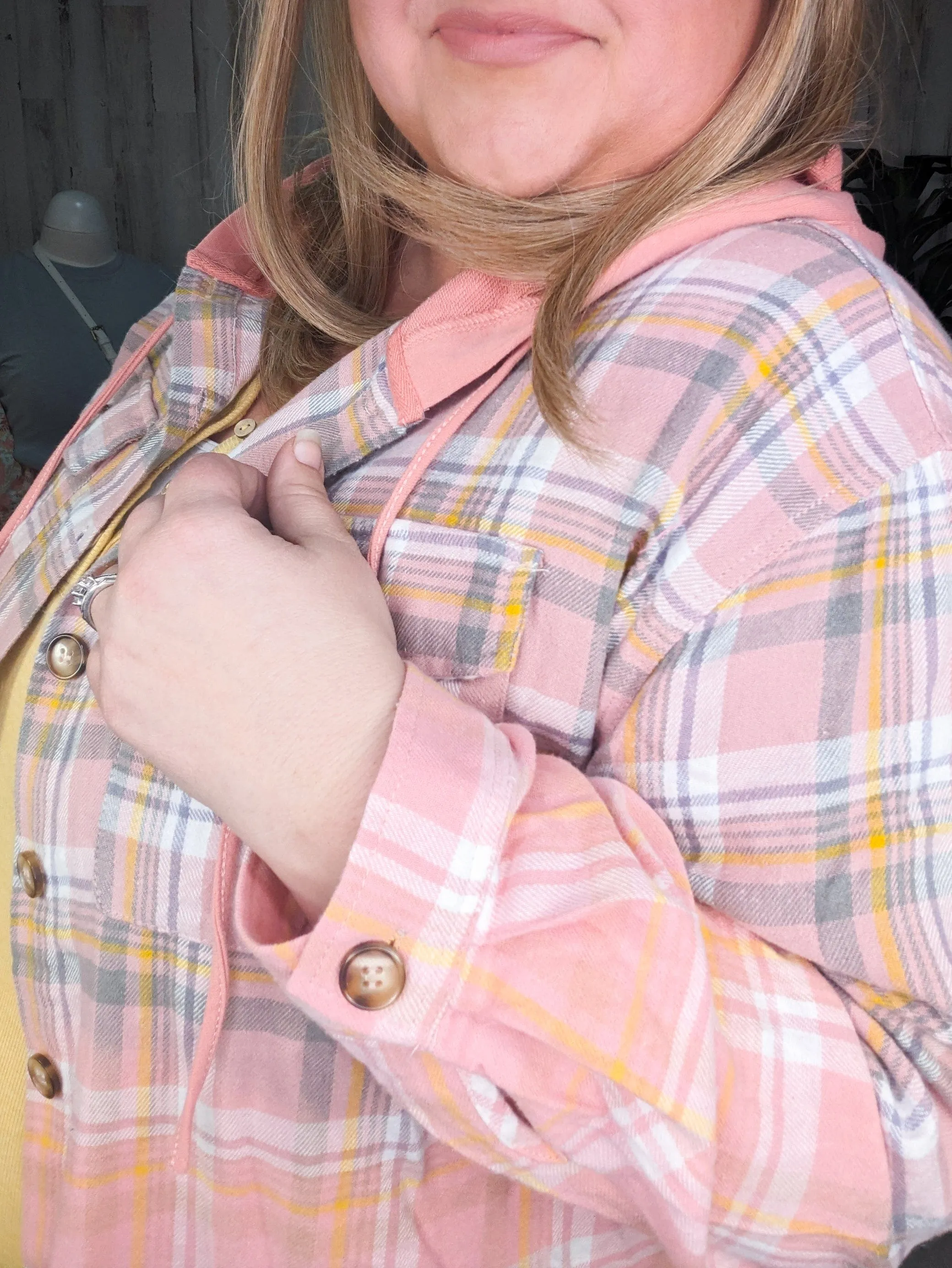 Ava Dip Dyed Lightweight Plaid Hooded Flannel Top