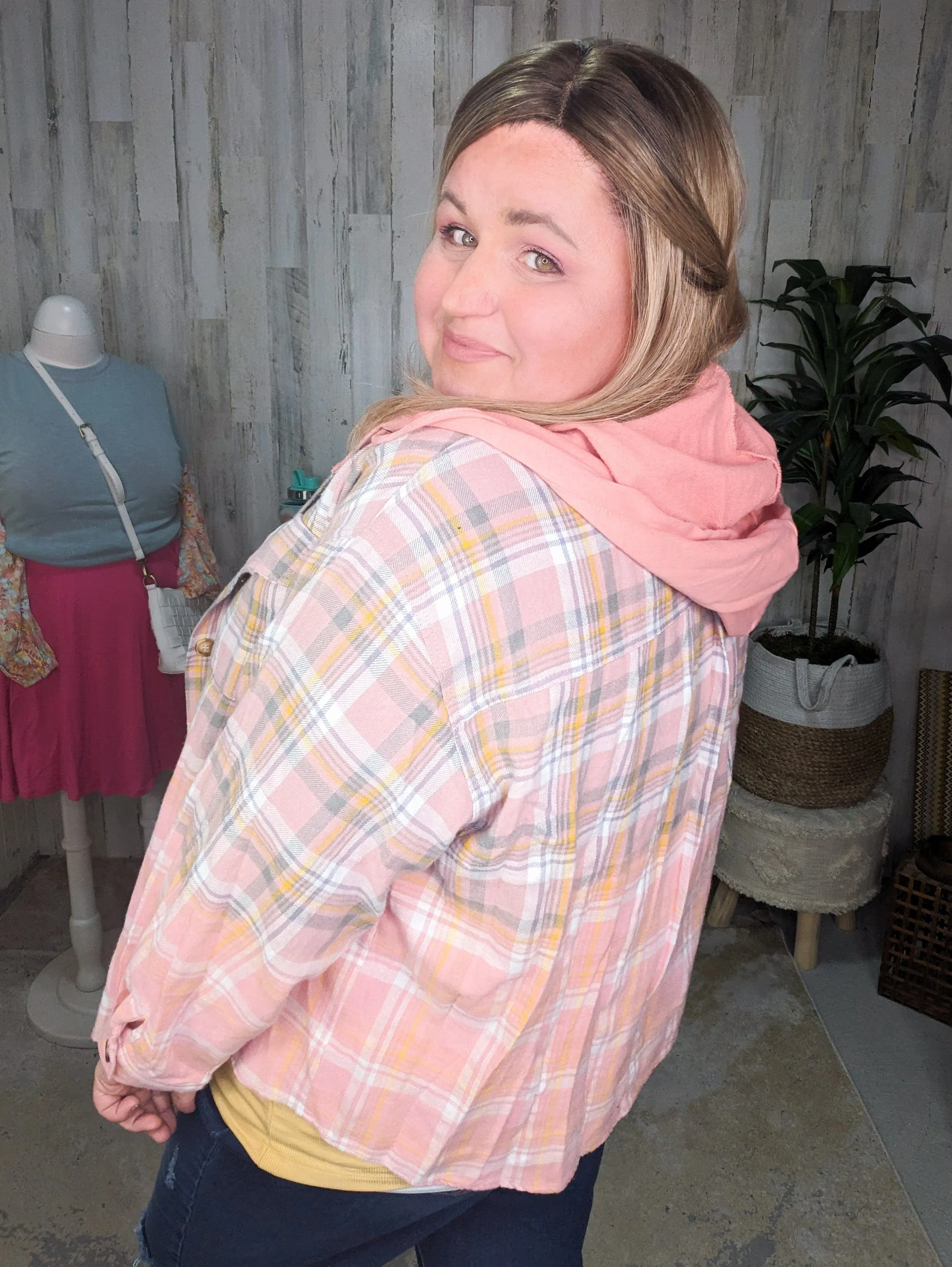 Ava Dip Dyed Lightweight Plaid Hooded Flannel Top