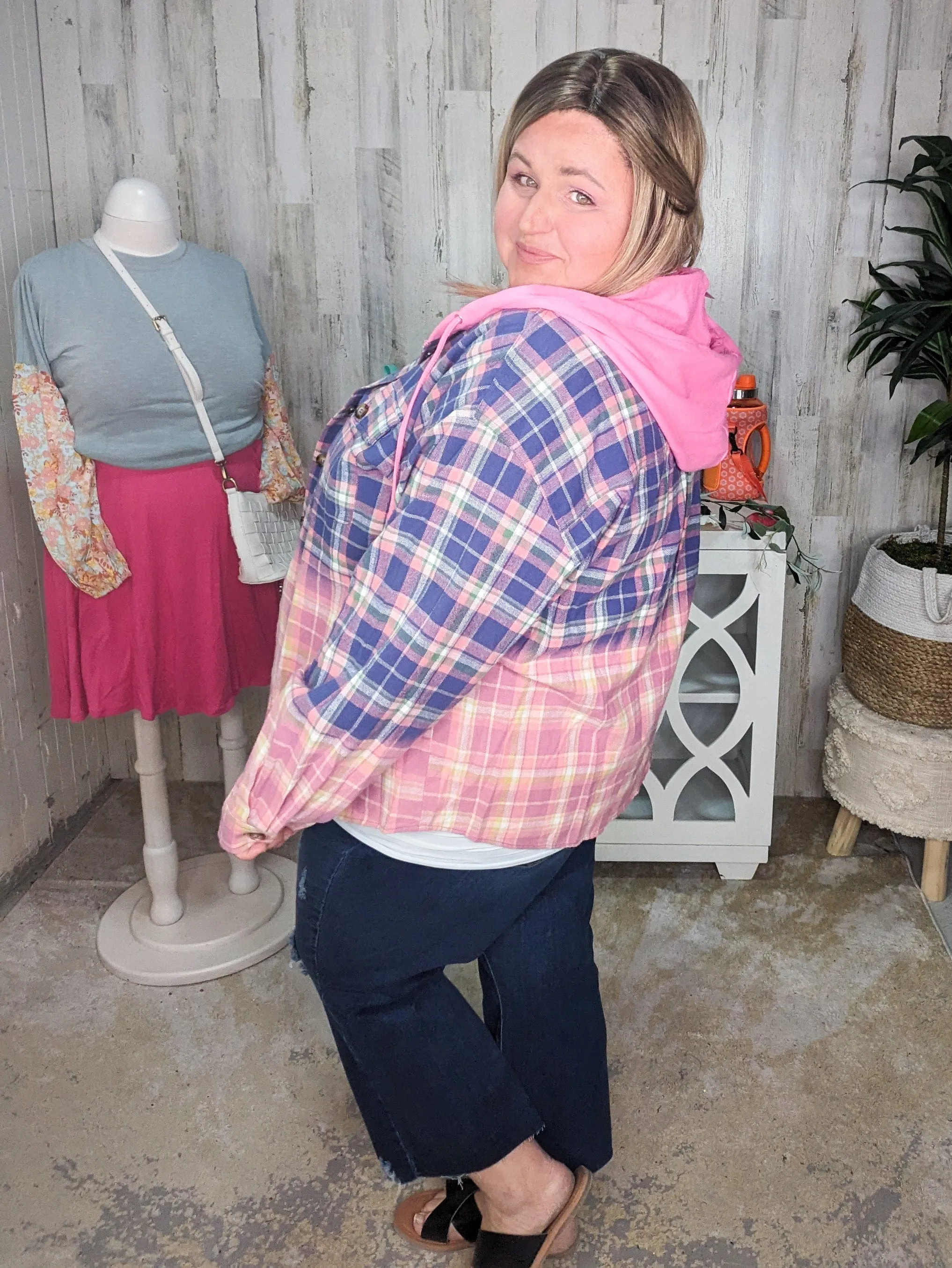 Ava Dip Dyed Lightweight Plaid Hooded Flannel Top