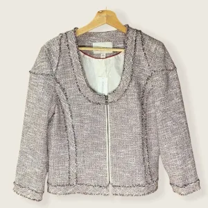 Banana Republic: Tweed Fringe Raw Edge Zip Up Business Blazer Jacket 14 (NWT)