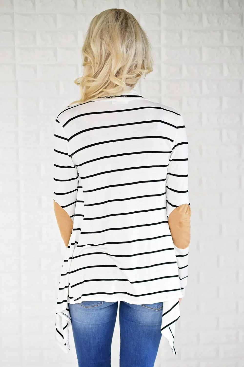Black & White Striped Cardigan with Elbow Patches