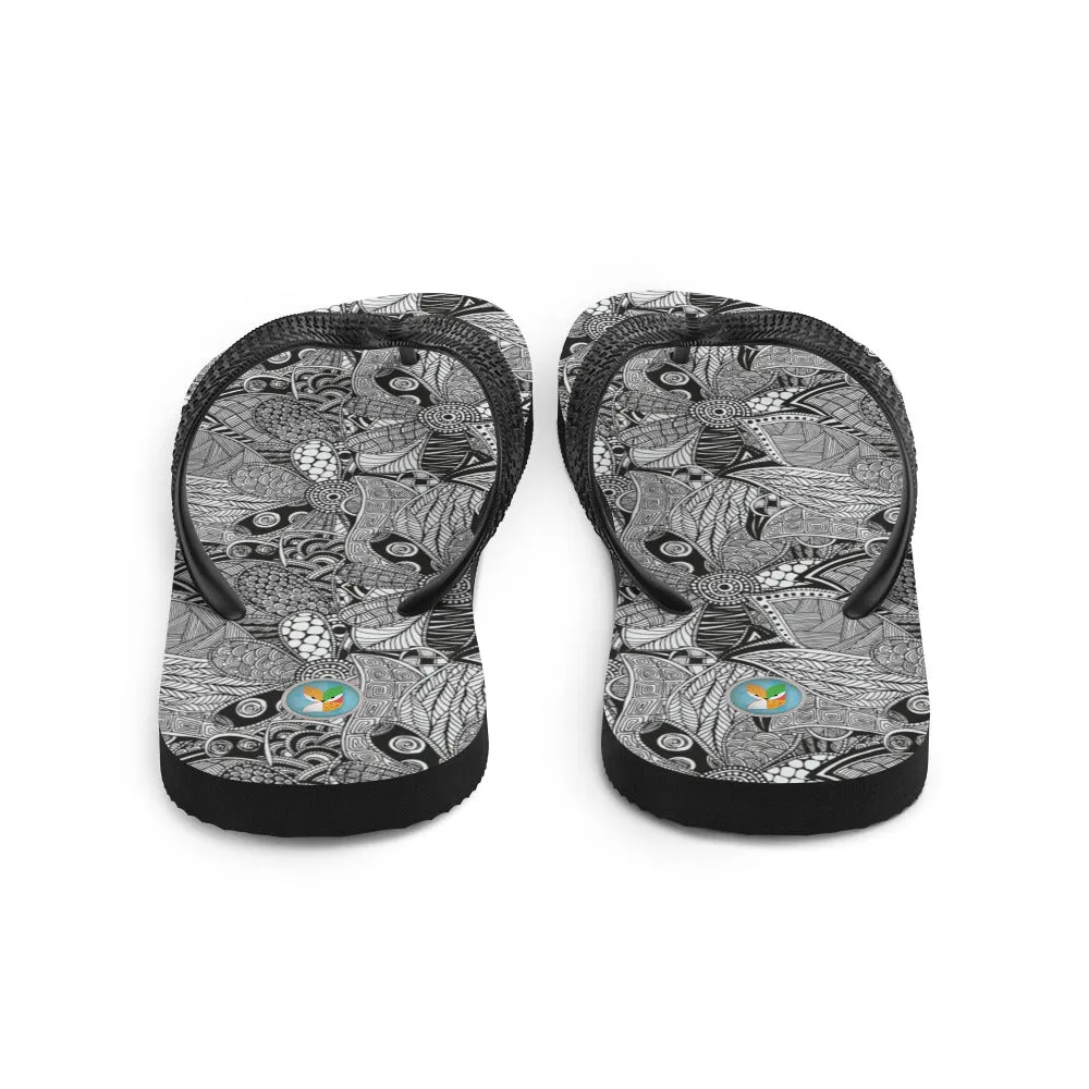 Black and White Floral Doodles - Flip-Flops