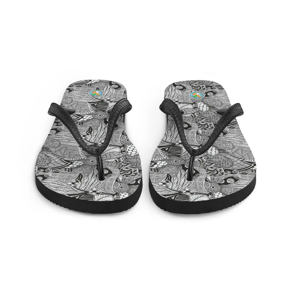 Black and White Floral Doodles - Flip-Flops