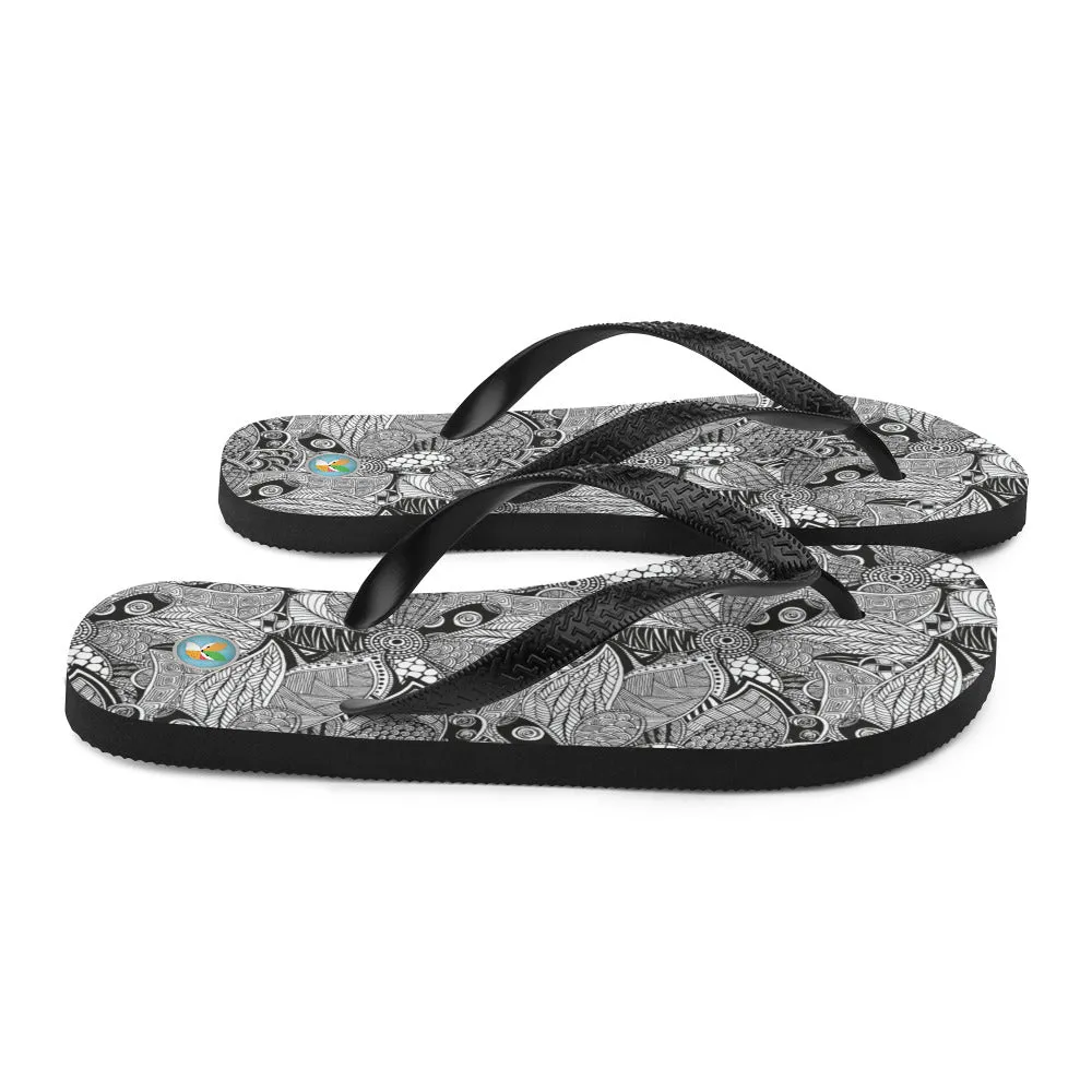 Black and White Floral Doodles - Flip-Flops
