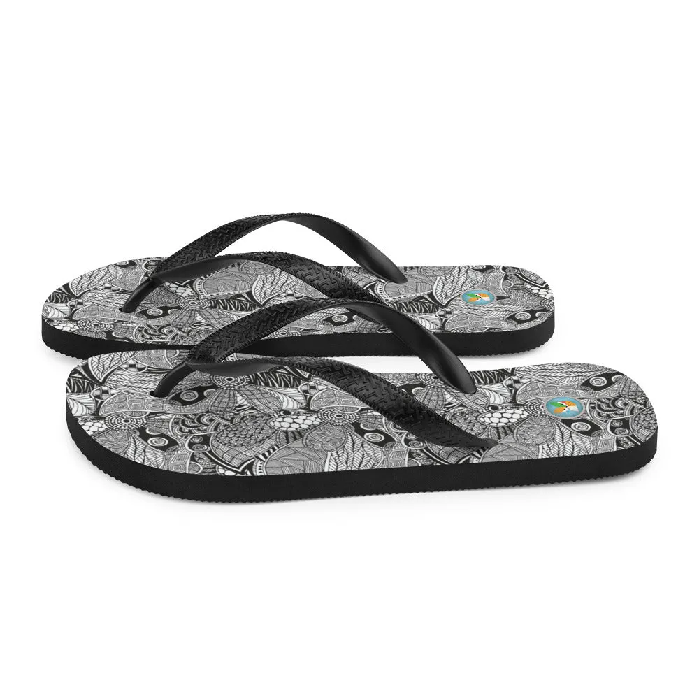 Black and White Floral Doodles - Flip-Flops