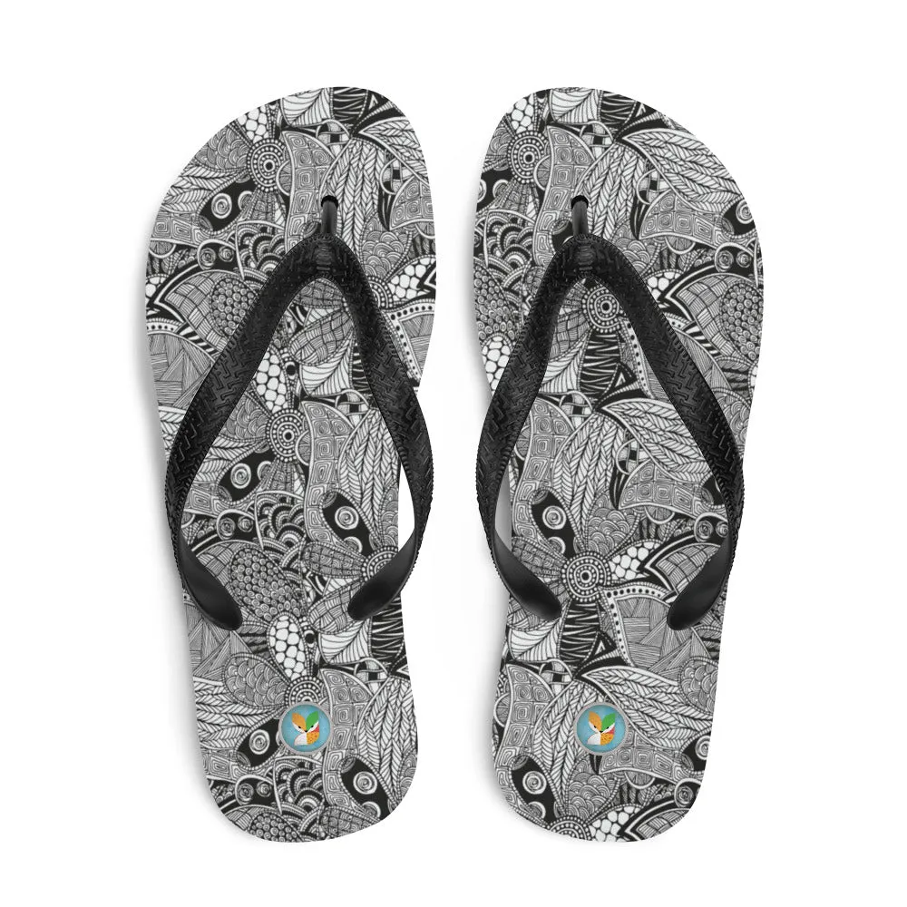 Black and White Floral Doodles - Flip-Flops