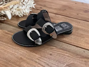 Black Buckled Slides