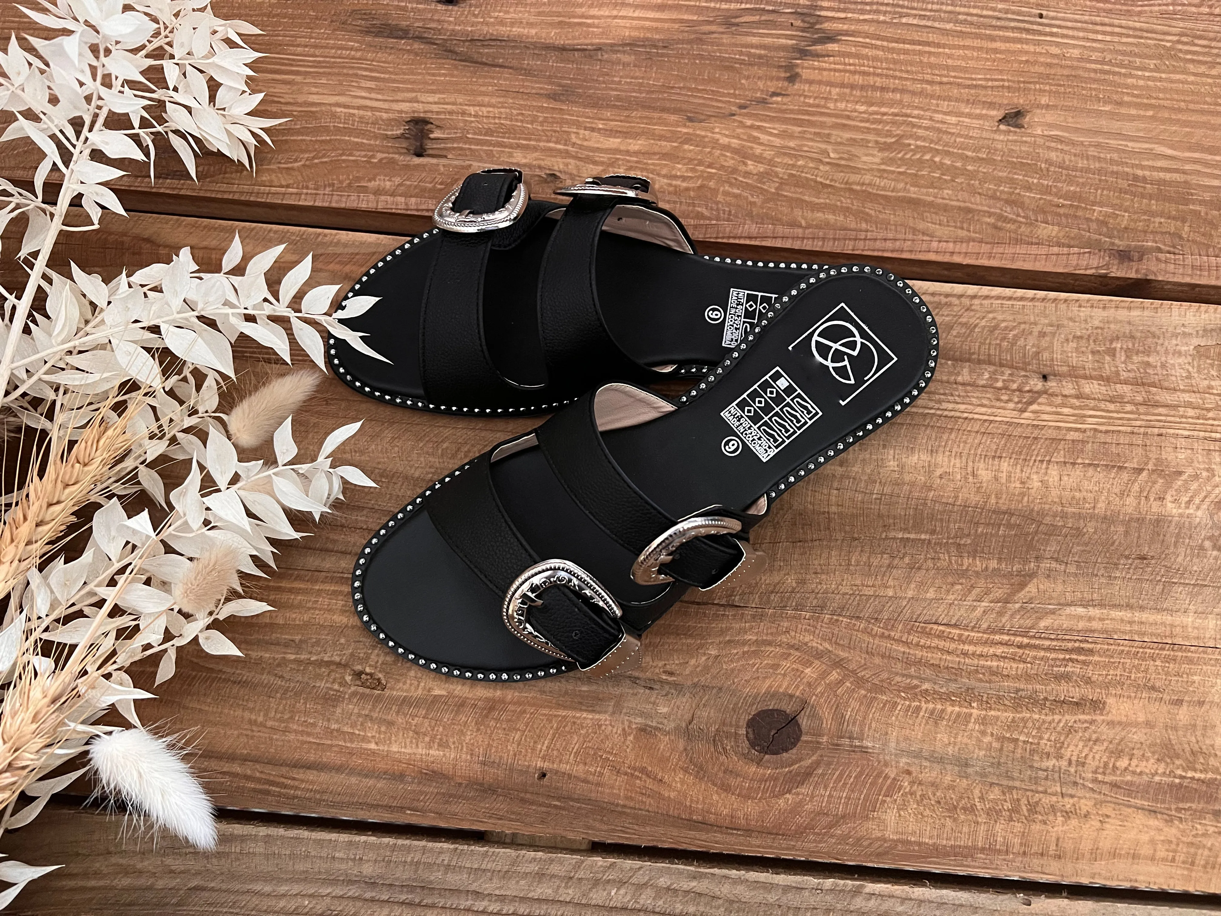 Black Buckled Slides