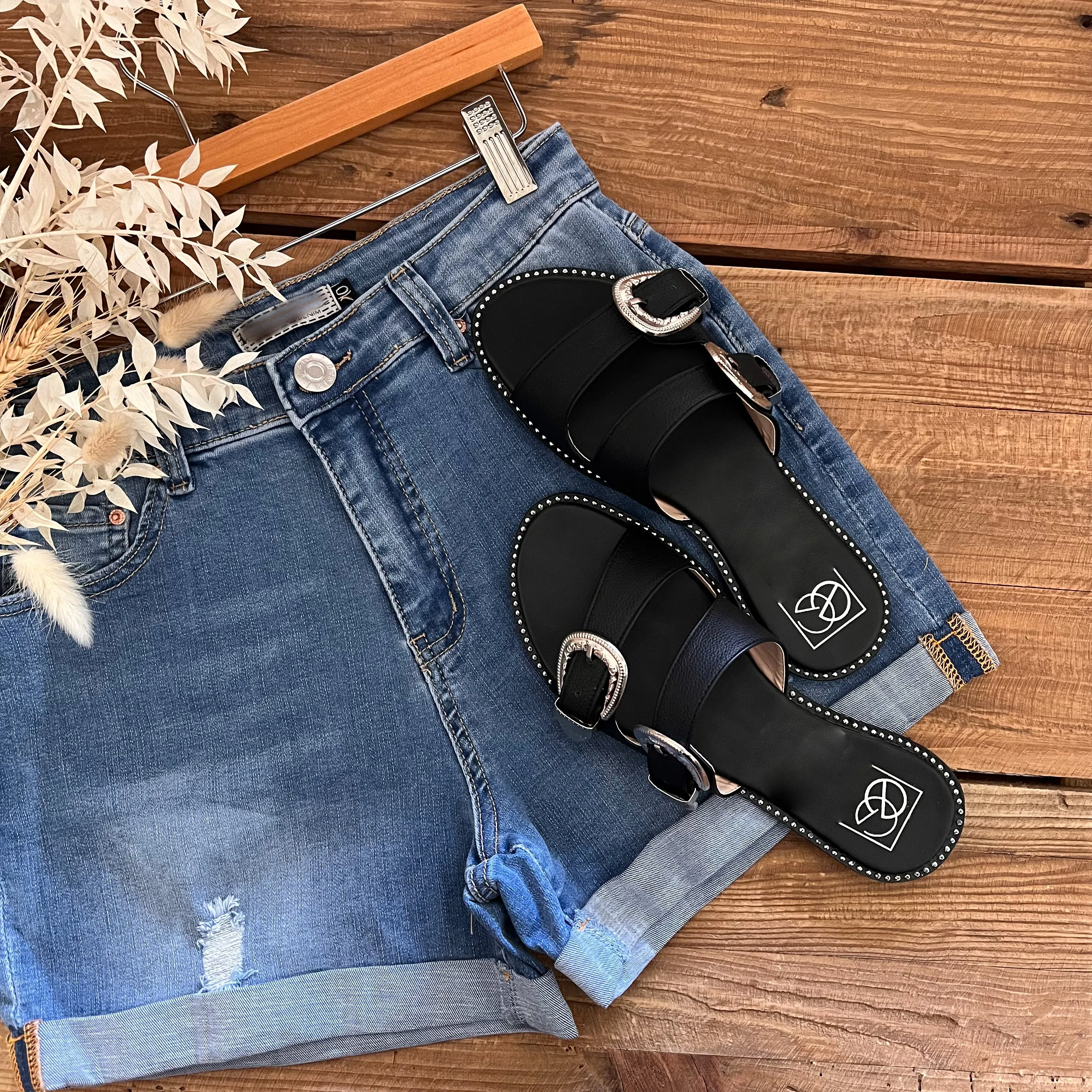 Black Buckled Slides