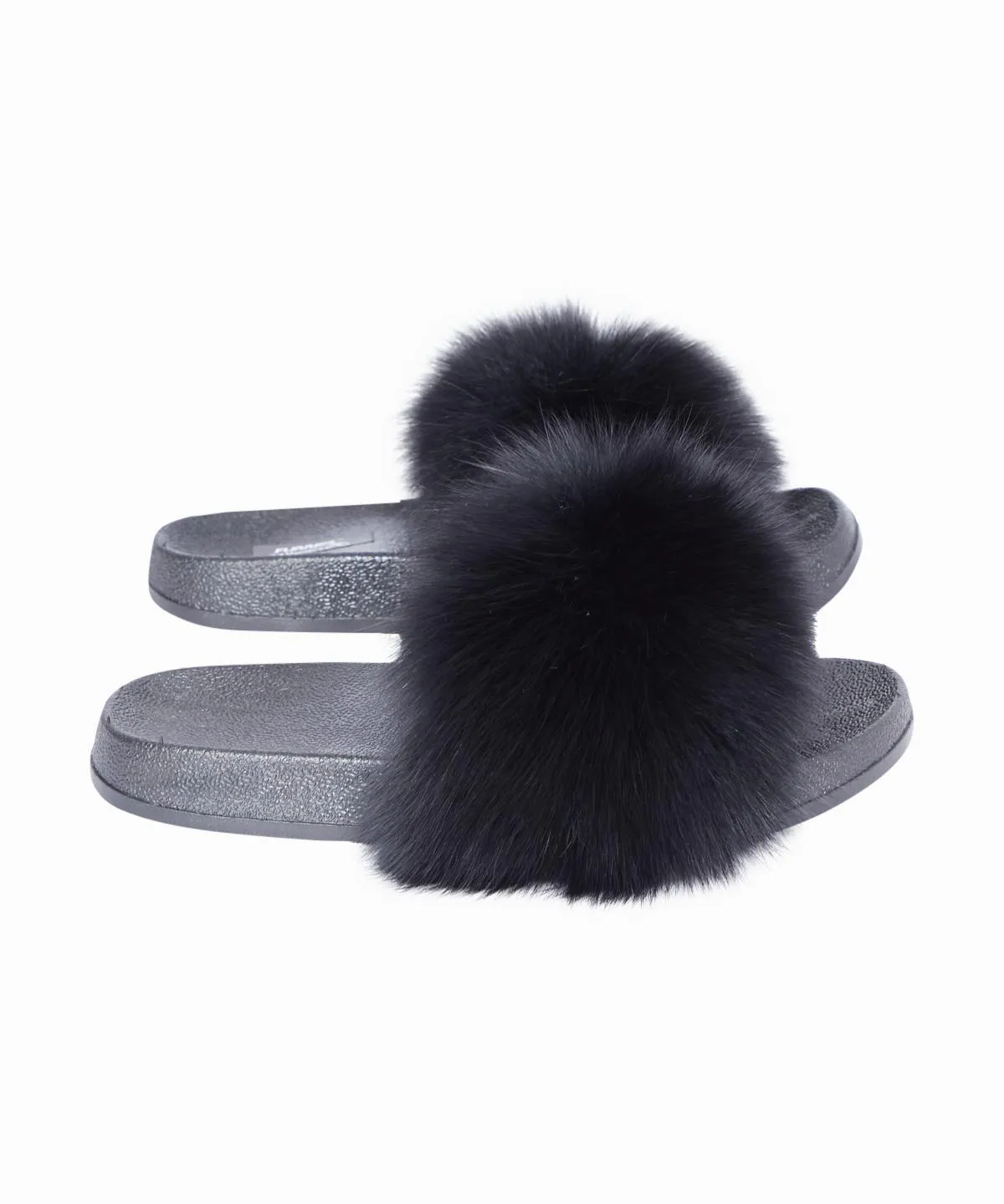Black Furry Pom Pom Slides
