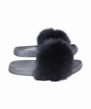 Black Furry Pom Pom Slides