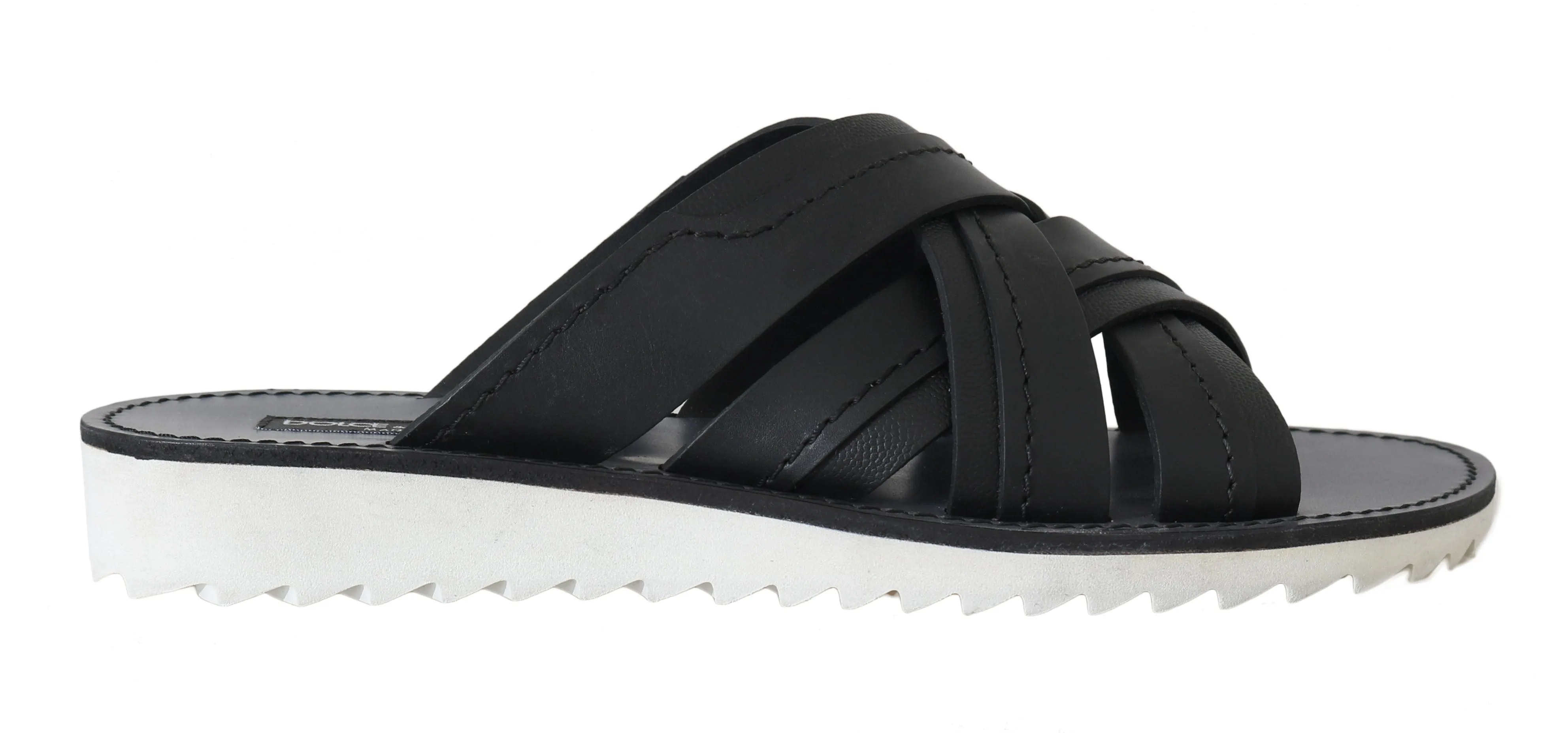 Black Leather Slides Flats Sandals