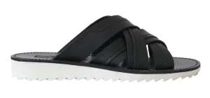 Black Leather Slides Flats Sandals