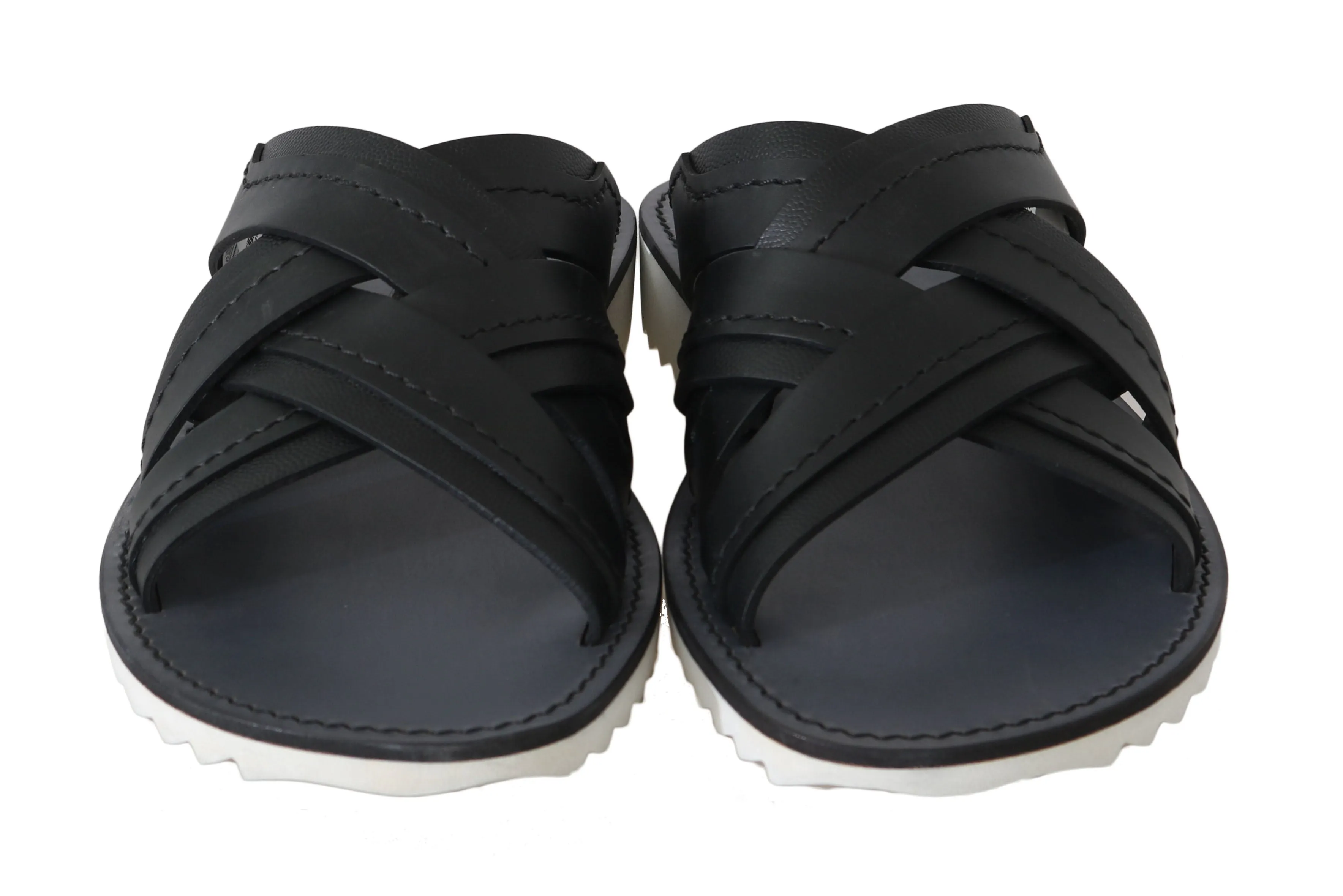 Black Leather Slides Flats Sandals