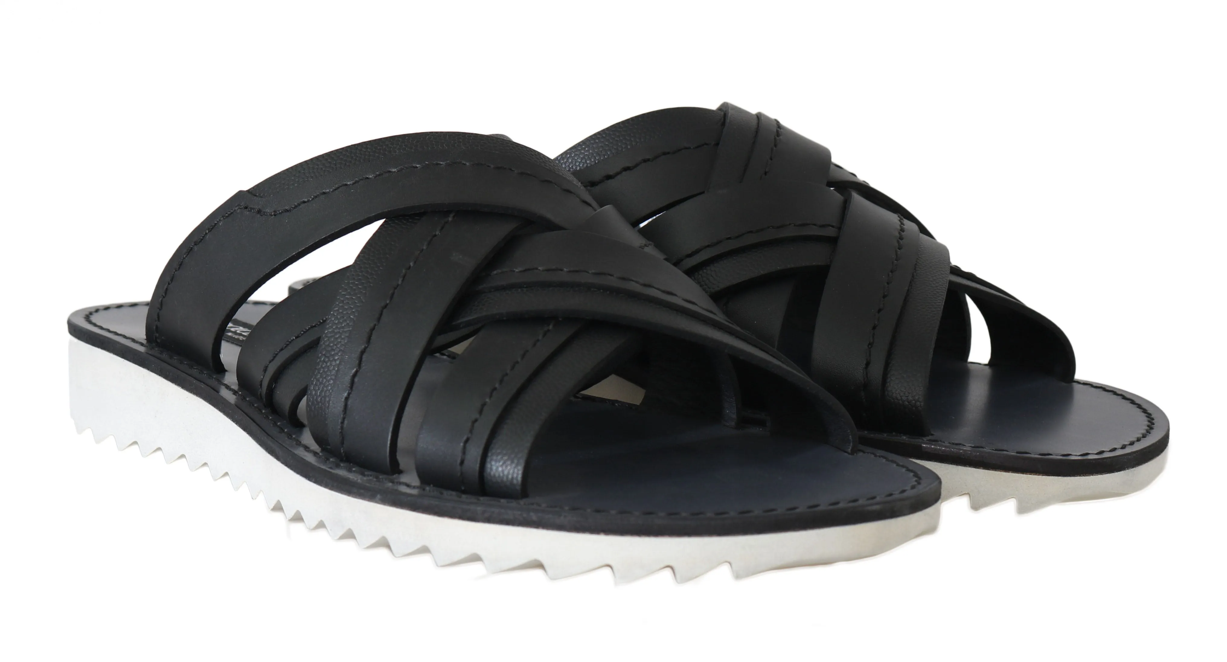 Black Leather Slides Flats Sandals