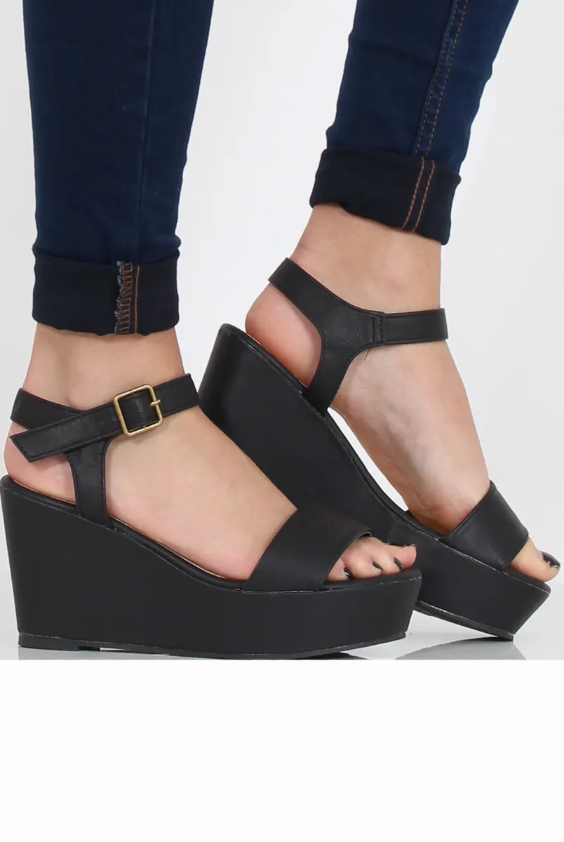 Black PU Open Toe Wedge Sandals - Kennie
